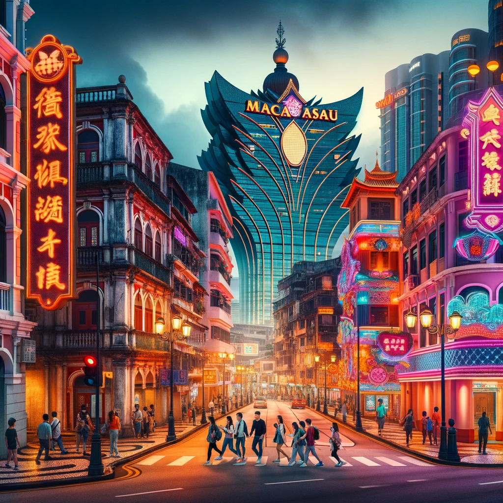 A vibrant and dynamic scene capturing the essence of Macau, blending its rich cultural heritage with its modern gaming and entertainment identity. The image showcases iconic landmarks such as the Ruins of St. Paul's and the Macau Tower, juxtaposed with bustling casino lights and the Cotai Strip's luxury hotels. Traditional Chinese and Portuguese architectural elements reflect Macau's unique colonial history, while neon signs and digital billboards highlight its status as a global gaming hub. This image aims to portray Macau's dual nature as both a historical treasure and a contemporary entertainment capital.