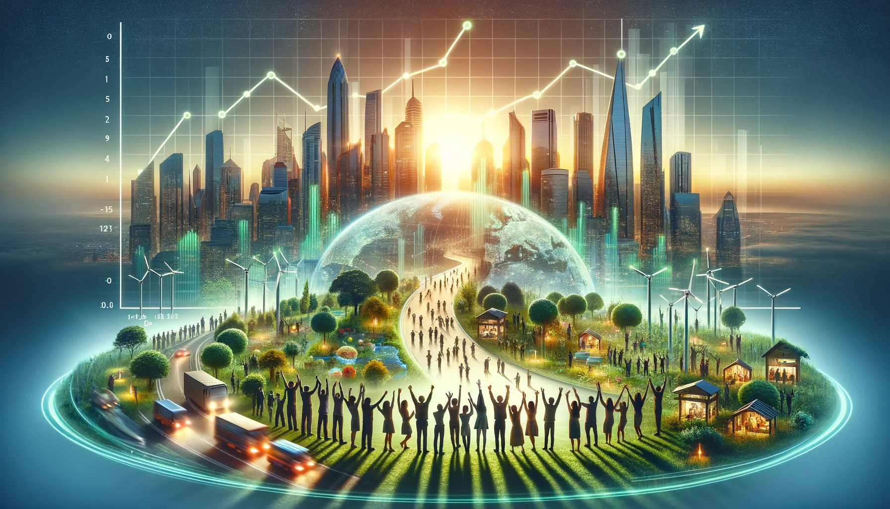 A visual representation of economic prosperity, featuring a bustling city skyline at dawn with gleaming skyscrapers, symbolizing growth and progress. The foreground shows a diverse group of people celebrating, with raised hands, in front of a graph showing an upward trend. This scene embodies the collective achievement and optimism associated with economic prosperity. Elements such as green parks, renewable energy sources like wind turbines, and people using eco-friendly transportation modes further emphasize a sustainable and inclusive approach to economic growth. The image aims to convey a sense of hope, unity, and forward-thinking in the journey towards economic prosperity.