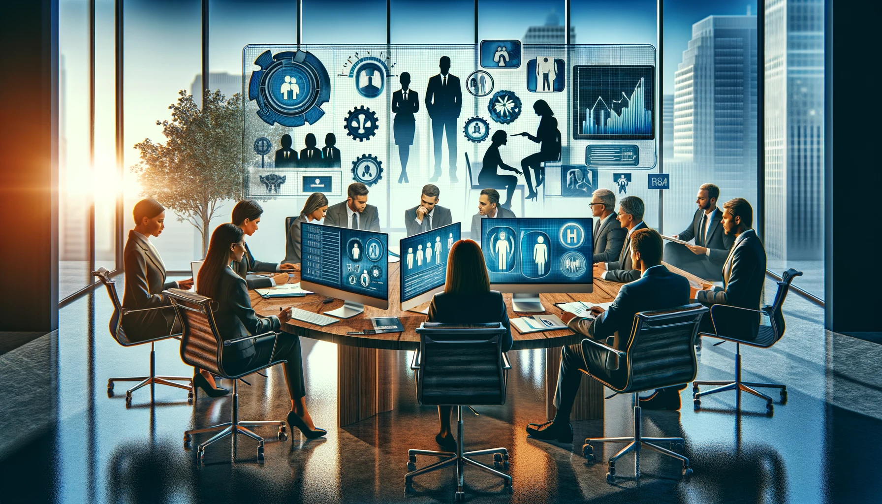A professional scene in an office setting that showcases employment and HRM (Human Resource Management) practices. The image includes HR professionals conducting interviews, team meetings discussing employee development plans, and staff using technology to manage HR tasks like performance appraisals and payroll. There are visual elements like computers displaying HR software, charts showing employee feedback, and a welcoming and inclusive office environment that promotes diversity and teamwork. This image aims to convey the dynamic and critical role of HRM in fostering a supportive and productive workplace, highlighting the importance of effective employment practices.